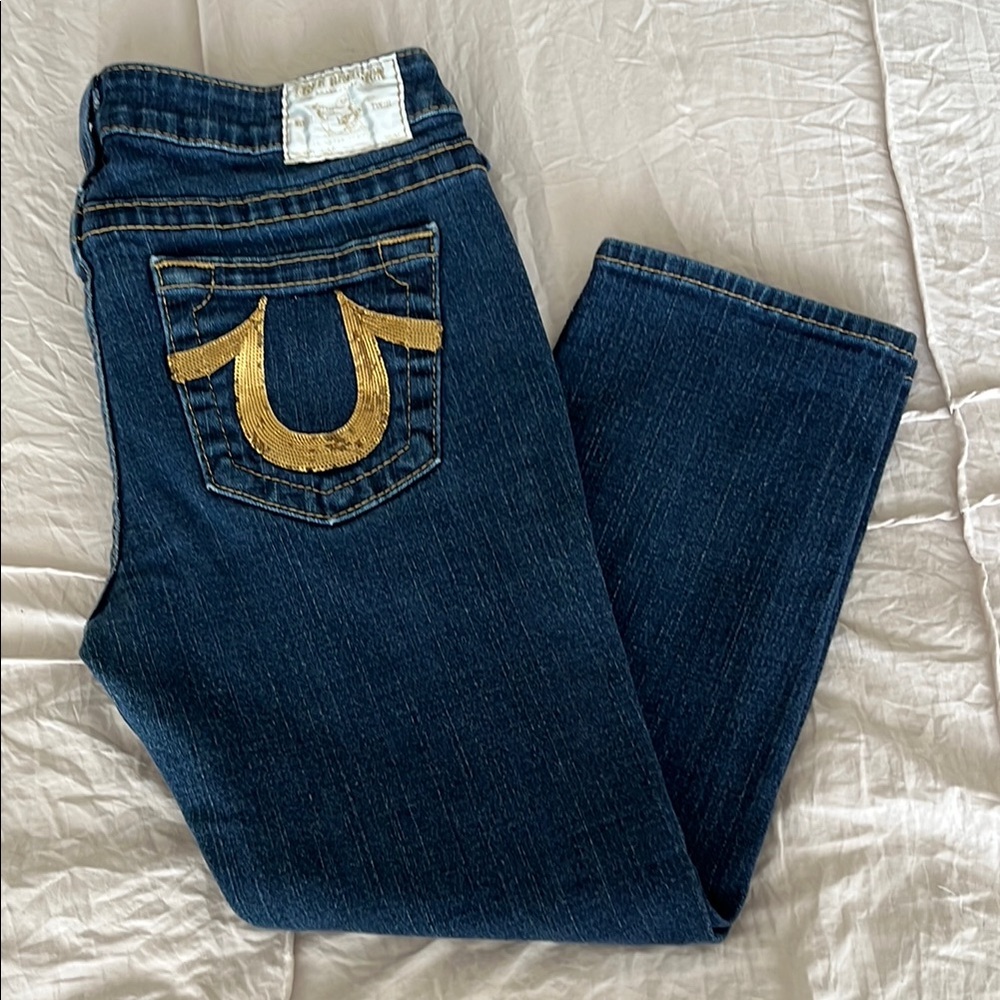 True Religion Women's Dark Blue Jeans with Gold Accents